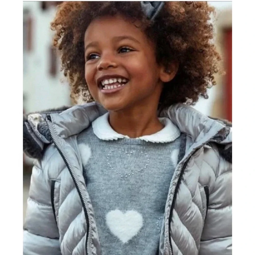 Mayoral Glitter & Fuzzy Hearts‎ Ruffle Sweater Gray Toddler Little Girl Size 5